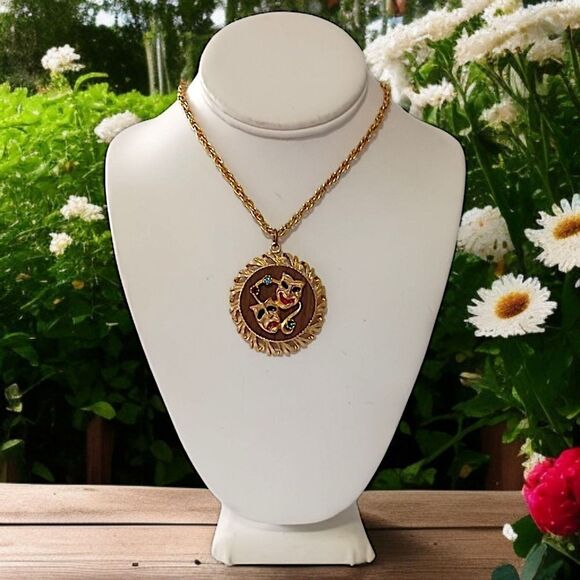 Vintage Comedy Tragedy Mask Necklace MCM Gold Tone Rhinestones Mardi Gras 70s - Picture 2 of 15